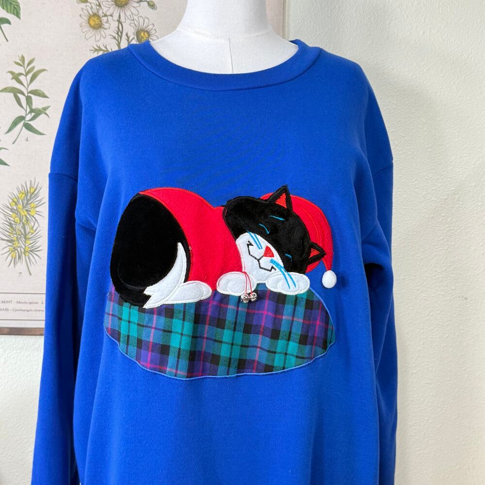Vintage 80s 90s Cat Embellishment Winter Sweatshirt Nightgown Novelty Grandma 1X - Picture 2 of 7